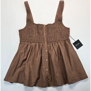 Blanque Women XL Brown Smocked Babydoll Top Button Front 100% Cotton NWT
